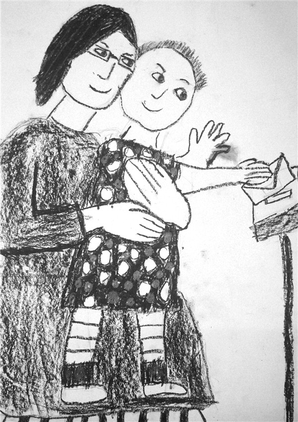 这幅画是妈妈抱着儿时的自己寄信的样子.